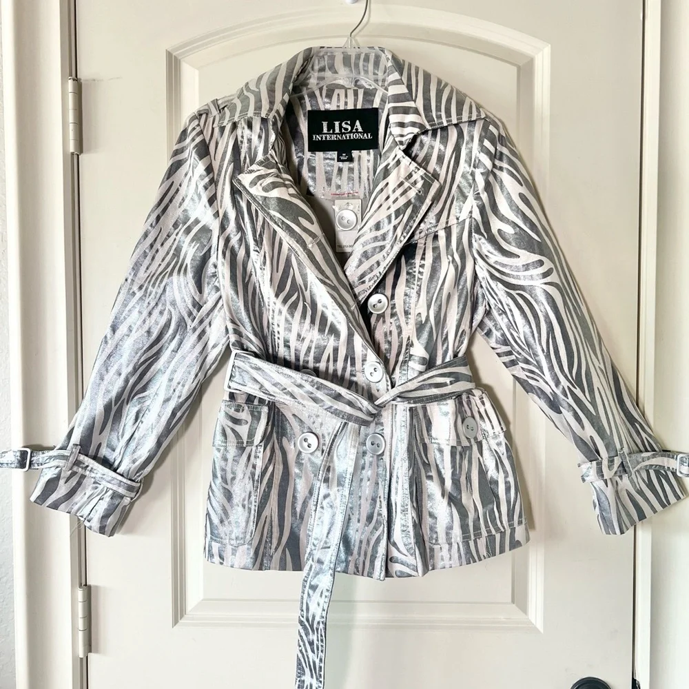 Lisa International Silver Metallic Zebra Print Double Breasted Belted Jacket M